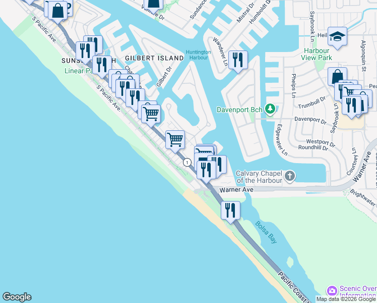 map of restaurants, bars, coffee shops, grocery stores, and more near 17102 Pacific Coast Highway in Huntington Beach