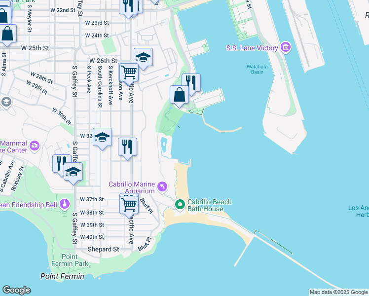 map of restaurants, bars, coffee shops, grocery stores, and more near 3720 Stephen M White Dr in San Pedro