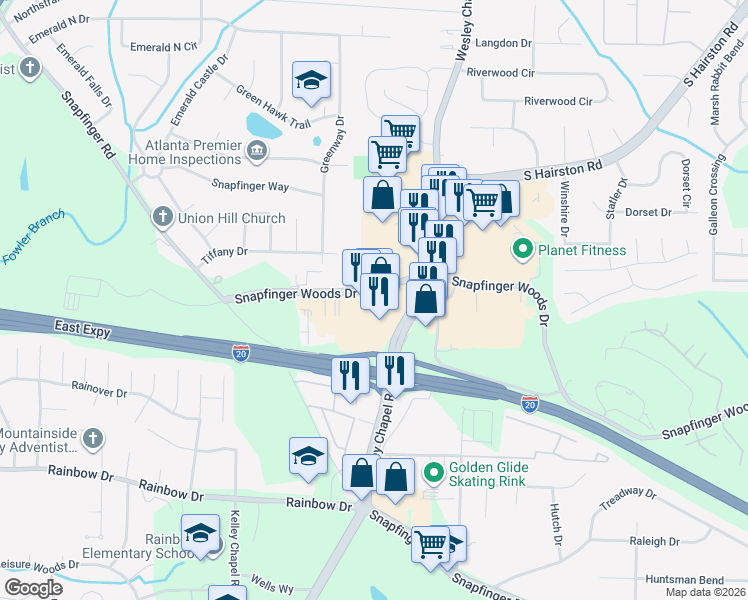 map of restaurants, bars, coffee shops, grocery stores, and more near 4207 Snapfinger Woods Drive in Decatur