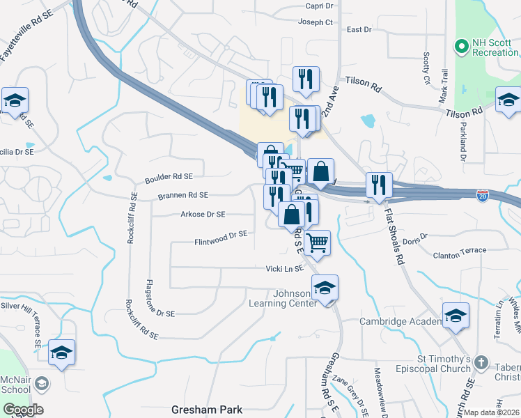 map of restaurants, bars, coffee shops, grocery stores, and more near 2555 Boulder Road Southeast in Atlanta
