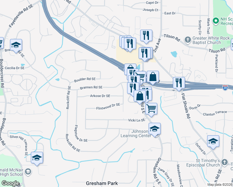 map of restaurants, bars, coffee shops, grocery stores, and more near 1862 Arkose Drive Southeast in Atlanta