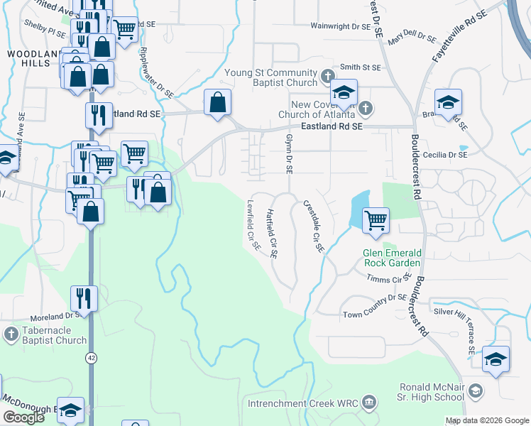 map of restaurants, bars, coffee shops, grocery stores, and more near 2547 Hatfield Circle Southeast in Atlanta