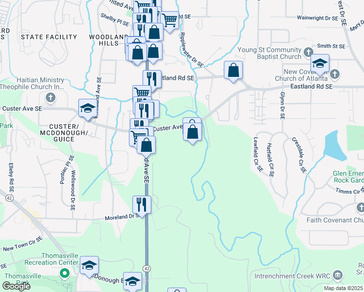 map of restaurants, bars, coffee shops, grocery stores, and more near 1296 Moreland Avenue Southeast in Atlanta
