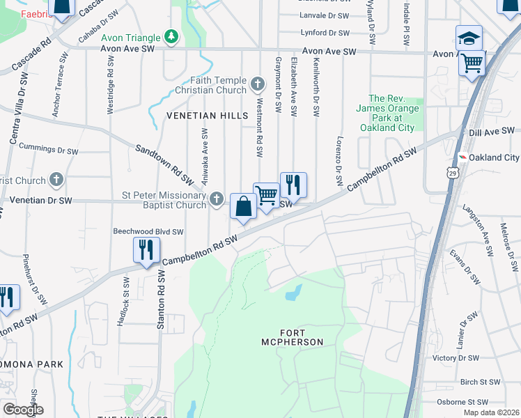 map of restaurants, bars, coffee shops, grocery stores, and more near 1519 Campbellton Road Southwest in Atlanta