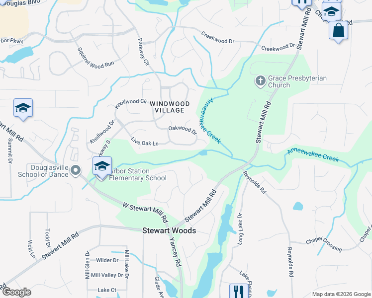map of restaurants, bars, coffee shops, grocery stores, and more near 6570 Oakwood Drive in Douglasville