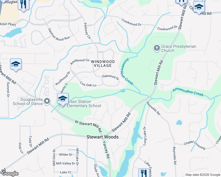 map of restaurants, bars, coffee shops, grocery stores, and more near 6566 Oakwood Drive in Douglasville