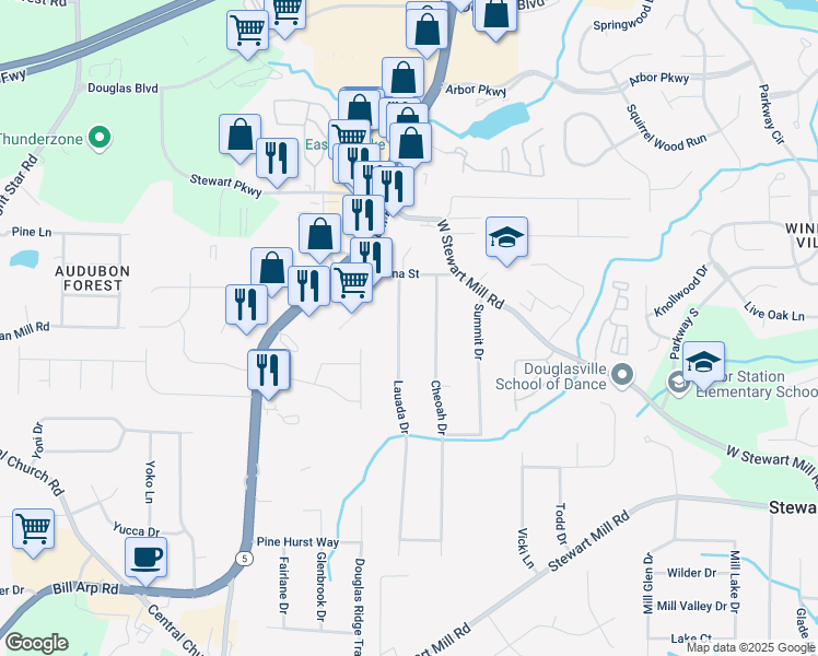 map of restaurants, bars, coffee shops, grocery stores, and more near 3355 Lauada Drive in Douglasville