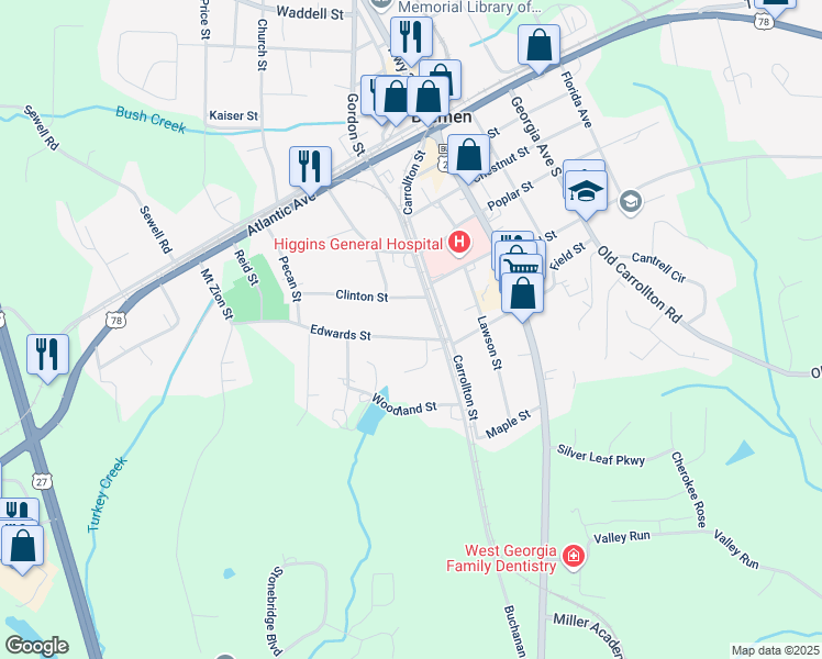 map of restaurants, bars, coffee shops, grocery stores, and more near 109 Edwards Street in Bremen