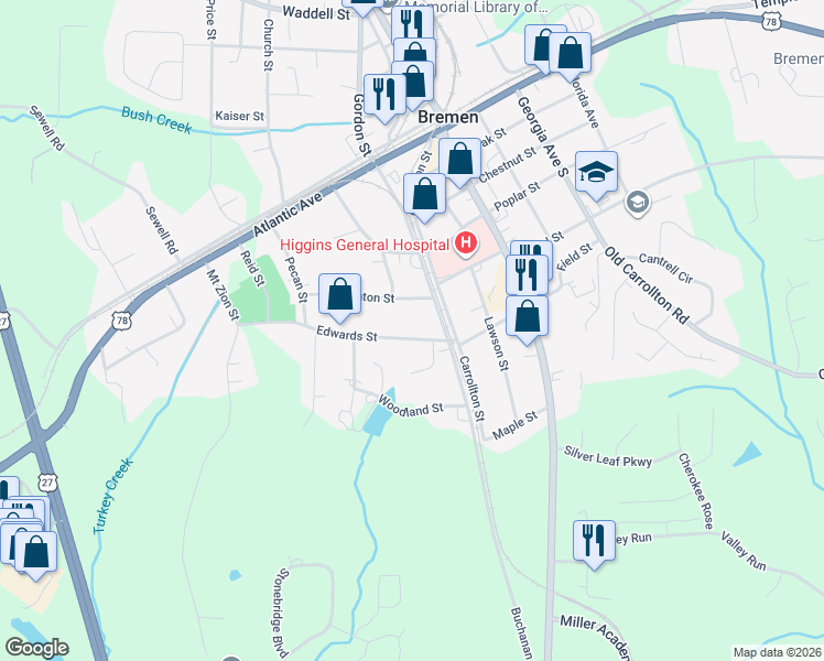 map of restaurants, bars, coffee shops, grocery stores, and more near 111 Edwards Street in Bremen