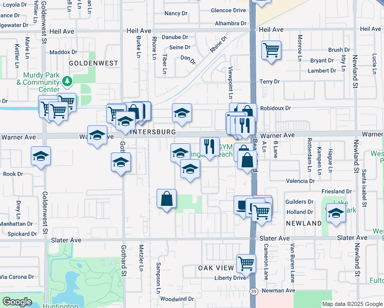 map of restaurants, bars, coffee shops, grocery stores, and more near 17102 Emerald Lane in Huntington Beach