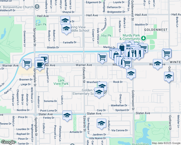 map of restaurants, bars, coffee shops, grocery stores, and more near 6600 Warner Avenue in Huntington Beach
