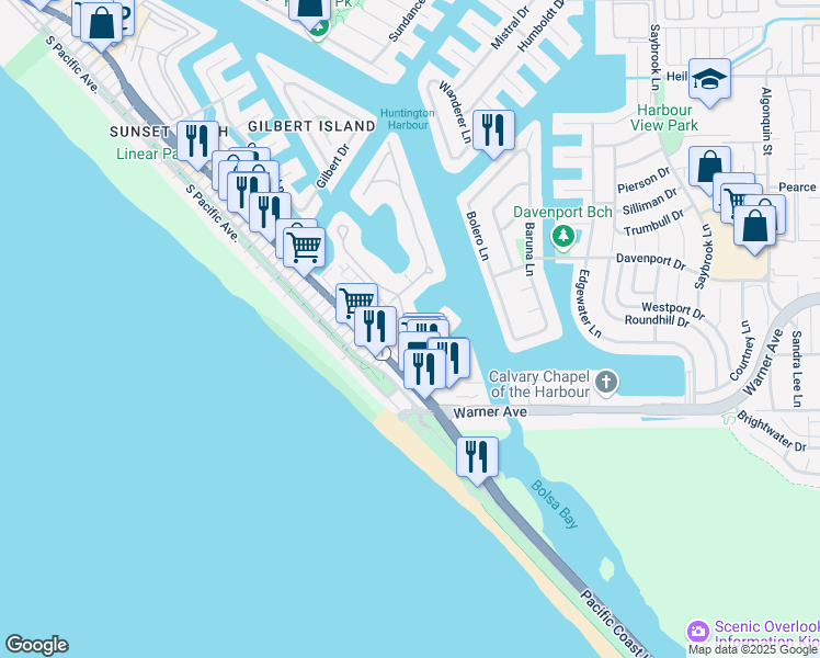 map of restaurants, bars, coffee shops, grocery stores, and more near 17094 Bluewater Lane in Huntington Beach