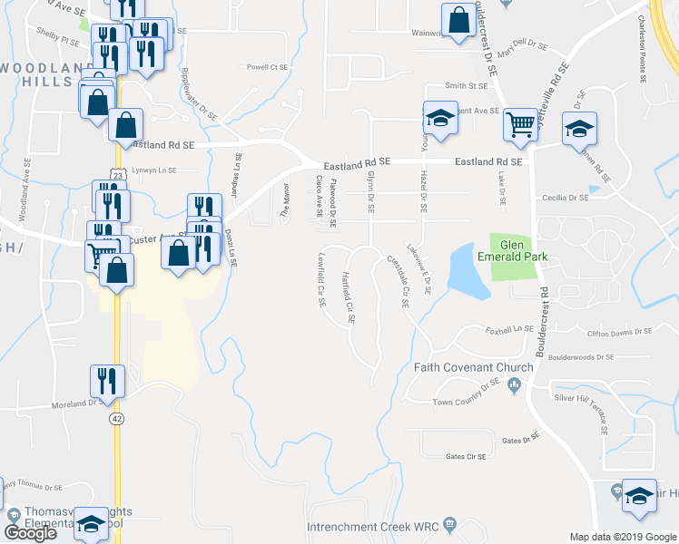 map of restaurants, bars, coffee shops, grocery stores, and more near 2547 Hatfield Circle Southeast in Atlanta