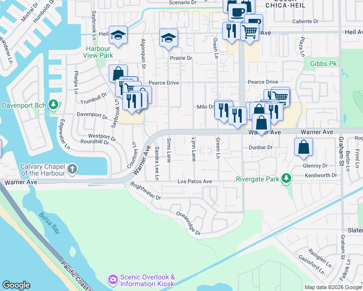 map of restaurants, bars, coffee shops, grocery stores, and more near in Huntington Beach