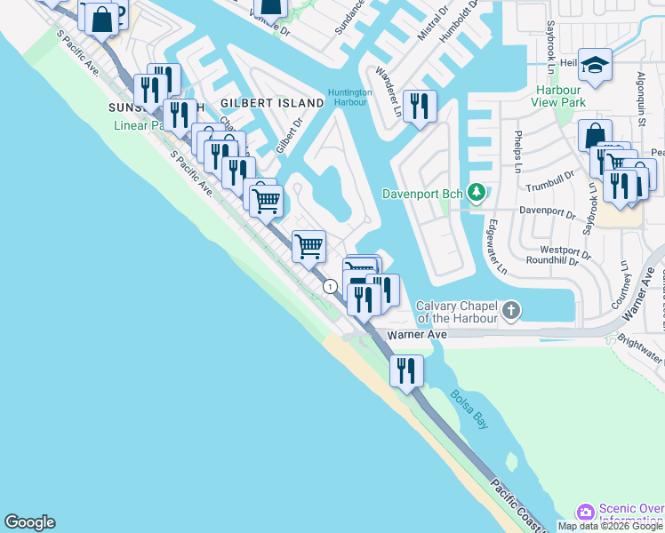 map of restaurants, bars, coffee shops, grocery stores, and more near 17102 Pacific Coast Highway in Huntington Beach