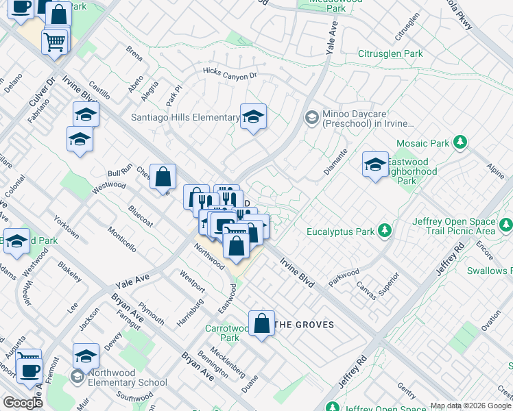 map of restaurants, bars, coffee shops, grocery stores, and more near 222 Springview in Irvine
