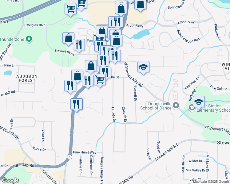 map of restaurants, bars, coffee shops, grocery stores, and more near 3355 Lauada Drive in Douglasville