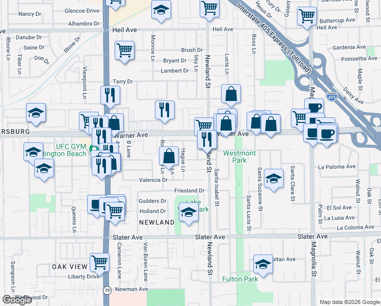 map of restaurants, bars, coffee shops, grocery stores, and more near 8361 Rembrandt Drive in Huntington Beach