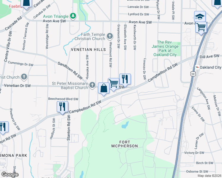 map of restaurants, bars, coffee shops, grocery stores, and more near 1519 Campbellton Road Southwest in Atlanta