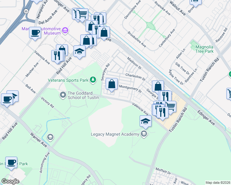 map of restaurants, bars, coffee shops, grocery stores, and more near 15208 Wesley Way in Tustin