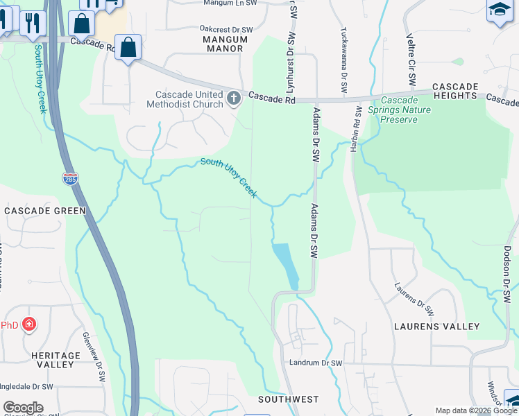 map of restaurants, bars, coffee shops, grocery stores, and more near 1528 Childress Drive Southwest in Atlanta