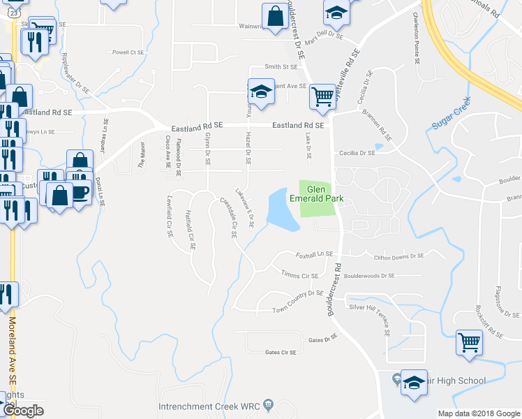 map of restaurants, bars, coffee shops, grocery stores, and more near 2548 Lakeview East Trail Southeast in Atlanta
