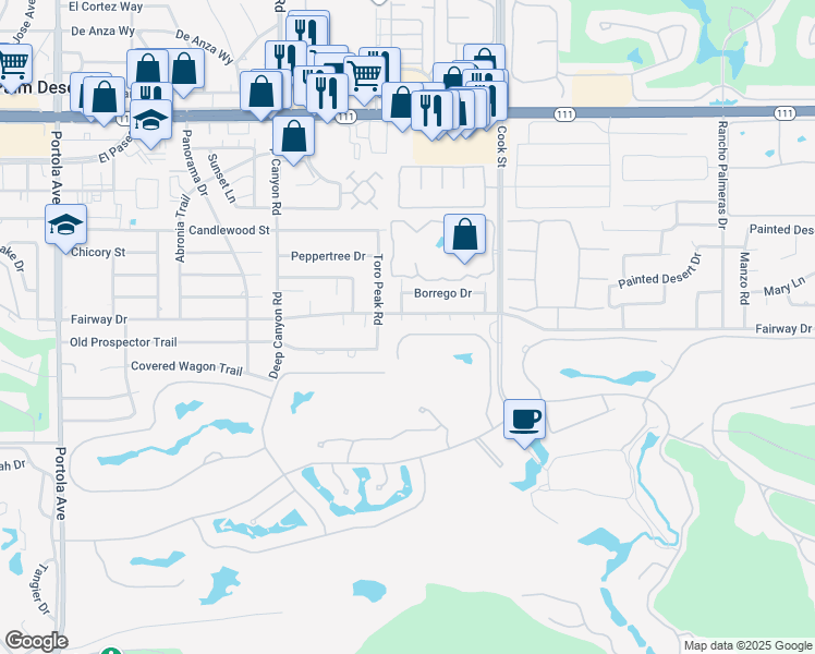 map of restaurants, bars, coffee shops, grocery stores, and more near 74775 Del Coronado Drive in Palm Desert