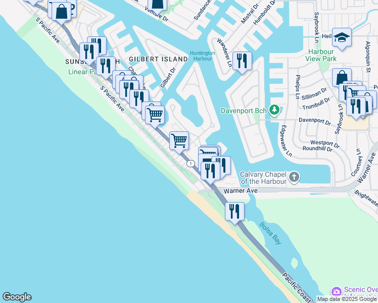 map of restaurants, bars, coffee shops, grocery stores, and more near 17042 Pacific Coast Highway in Huntington Beach