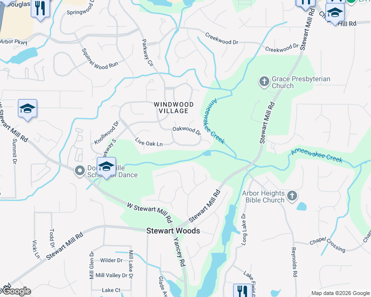map of restaurants, bars, coffee shops, grocery stores, and more near 6566 Oakwood Drive in Douglasville