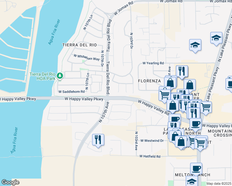 map of restaurants, bars, coffee shops, grocery stores, and more near 25530 North 105th Drive in Peoria
