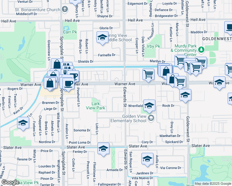 map of restaurants, bars, coffee shops, grocery stores, and more near 6371 Meadow Crest Drive in Huntington Beach