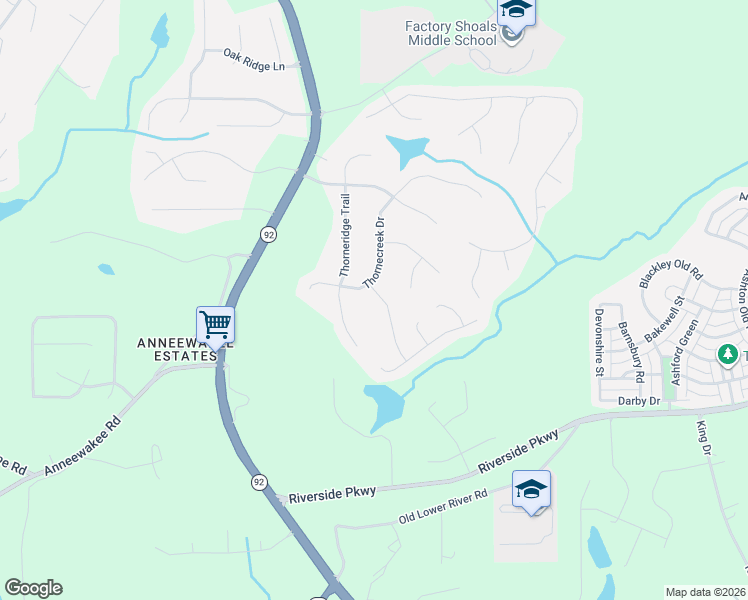map of restaurants, bars, coffee shops, grocery stores, and more near 3330 Thorneridge Trail in Douglasville