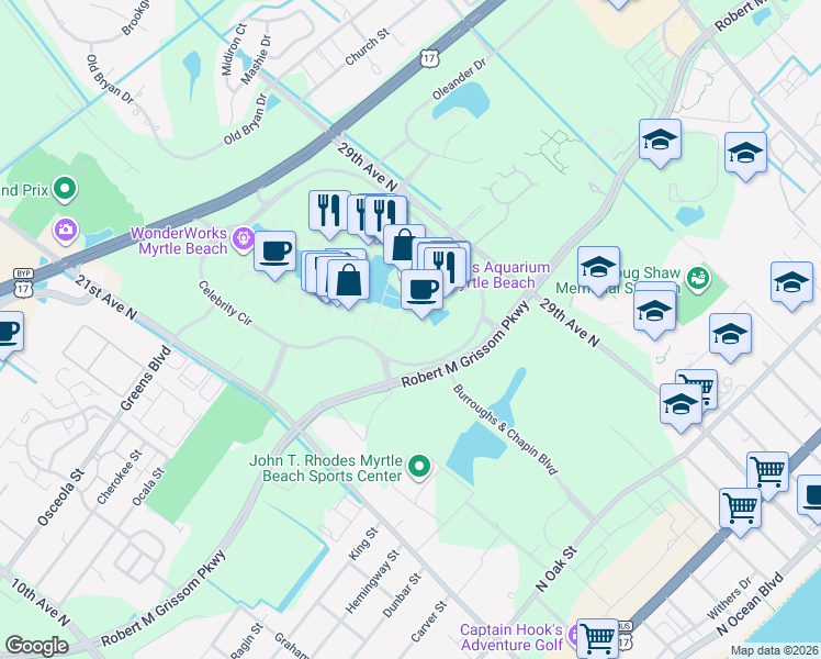 map of restaurants, bars, coffee shops, grocery stores, and more near 1175 Celebrity Circle in Myrtle Beach