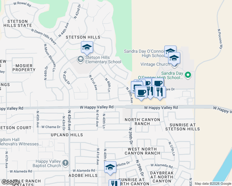 map of restaurants, bars, coffee shops, grocery stores, and more near 25206 North 40th Avenue in Phoenix
