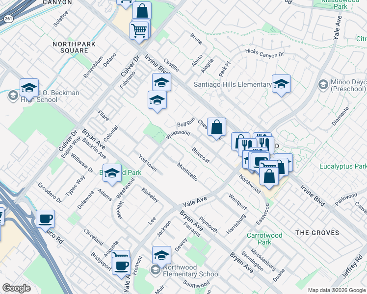 map of restaurants, bars, coffee shops, grocery stores, and more near Venta Spur Trail in Irvine