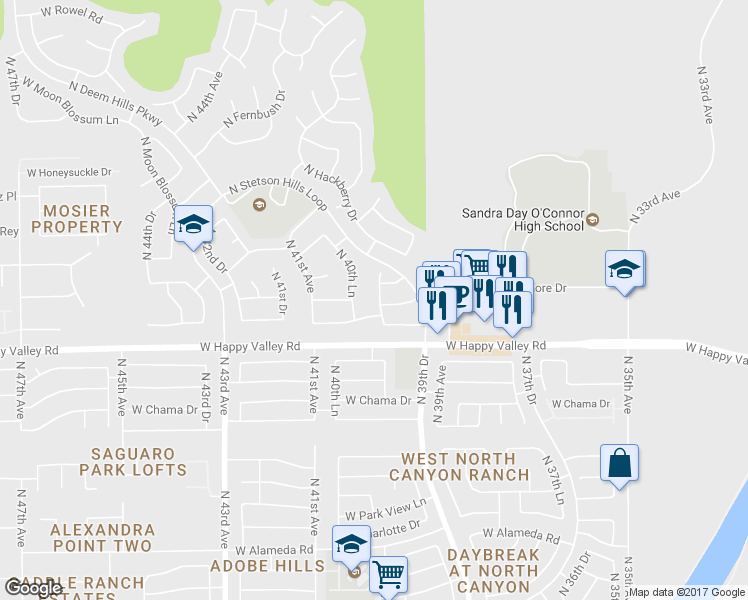 map of restaurants, bars, coffee shops, grocery stores, and more near 25206 North 40th Avenue in Phoenix