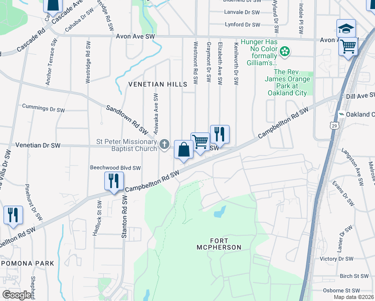 map of restaurants, bars, coffee shops, grocery stores, and more near 1520 Venetian Drive Southwest in Atlanta