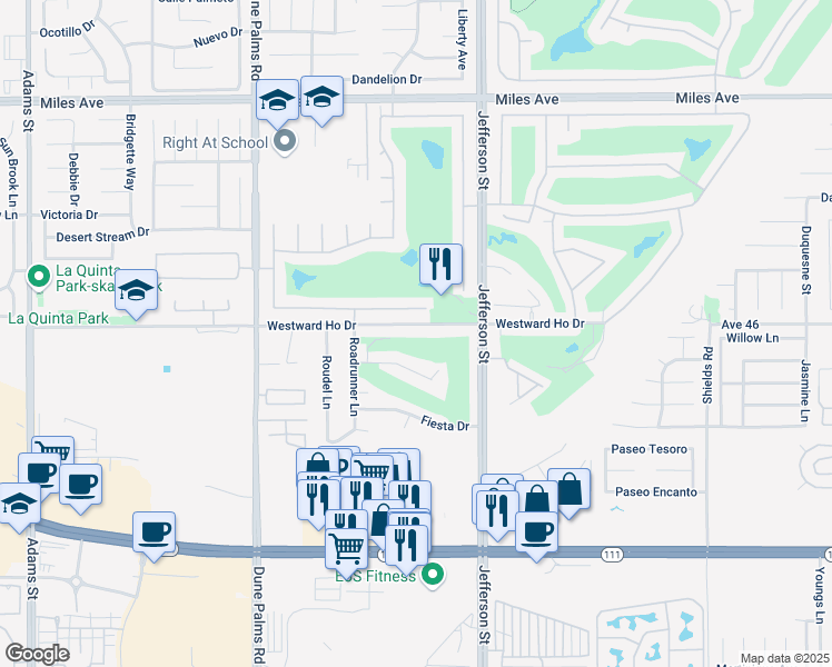 map of restaurants, bars, coffee shops, grocery stores, and more near 79875 Westward Ho Drive in La Quinta