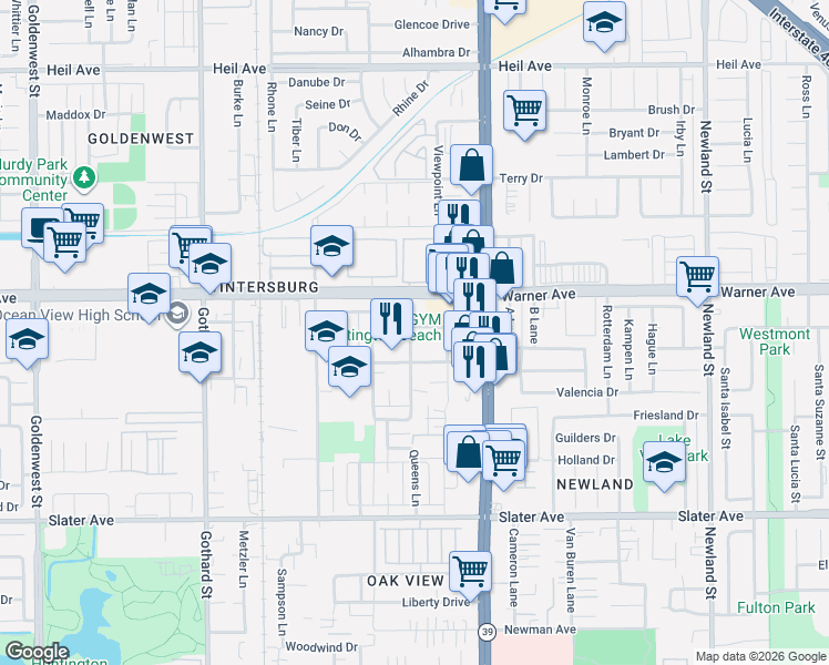 map of restaurants, bars, coffee shops, grocery stores, and more near 17108 Ash Lane in Huntington Beach