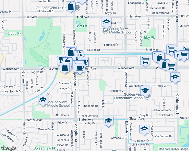 map of restaurants, bars, coffee shops, grocery stores, and more near 17092 Evergreen Circle in Huntington Beach