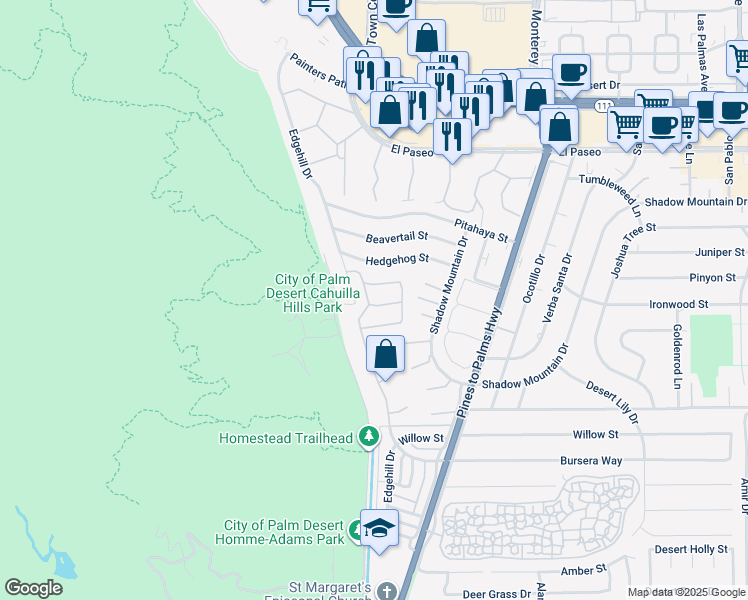 map of restaurants, bars, coffee shops, grocery stores, and more near 132 Vista Monte in Palm Desert