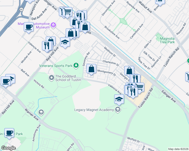 map of restaurants, bars, coffee shops, grocery stores, and more near 15208 Wesley Way in Tustin