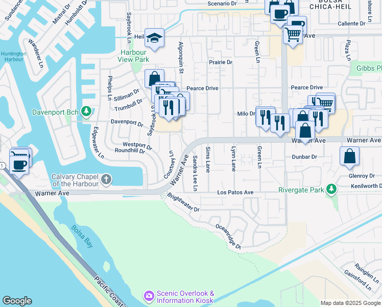 map of restaurants, bars, coffee shops, grocery stores, and more near 17051 Sandra Lee Lane in Huntington Beach