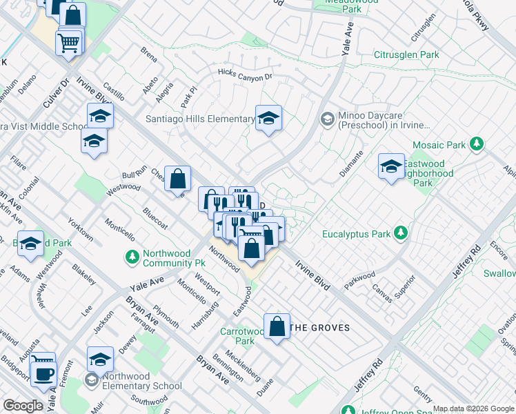 map of restaurants, bars, coffee shops, grocery stores, and more near 227 Springview in Irvine
