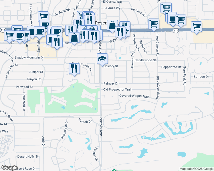 map of restaurants, bars, coffee shops, grocery stores, and more near 74045 Fairway Drive in Palm Desert