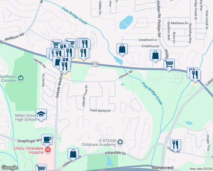 map of restaurants, bars, coffee shops, grocery stores, and more near 2857 Field Spring Drive in Lithonia