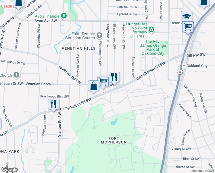 map of restaurants, bars, coffee shops, grocery stores, and more near 1469 Campbellton Road Southwest in Atlanta