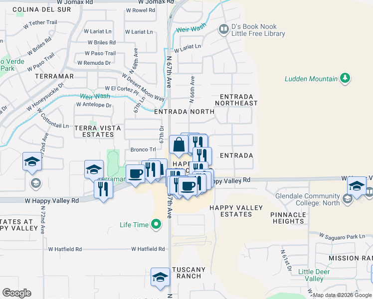 map of restaurants, bars, coffee shops, grocery stores, and more near 6550 West Happy Valley Road in Phoenix