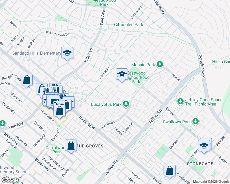 map of restaurants, bars, coffee shops, grocery stores, and more near 111 Mangrove Banks in Irvine