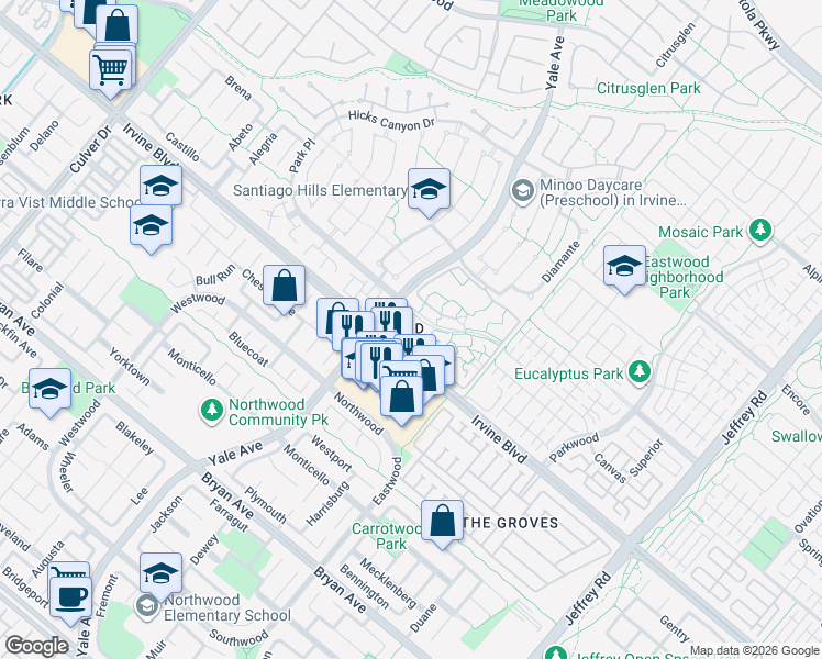 map of restaurants, bars, coffee shops, grocery stores, and more near 227 Springview in Irvine
